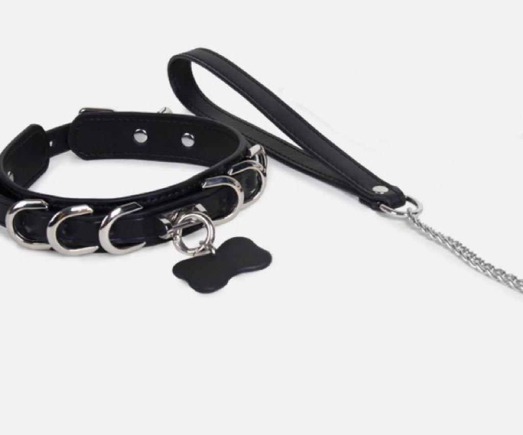 a black leather bondage collar and leash