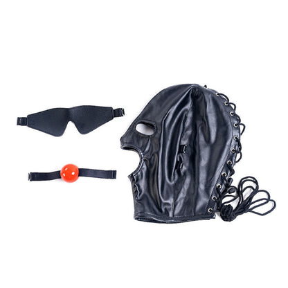 Bondage Hood with Detachable Mouth Ball Gag and Eye Mask