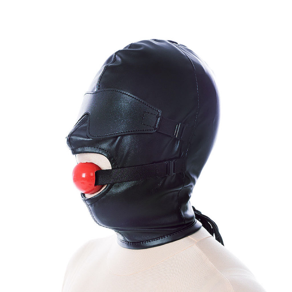 Bondage Hood with Detachable Mouth Ball Gag and Eye Mask