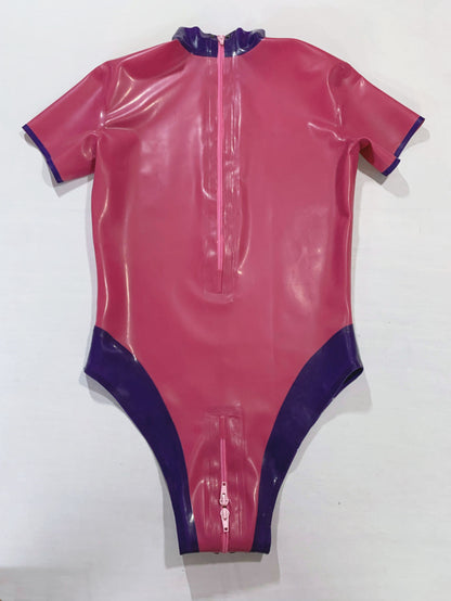 a pink latex bodysuit