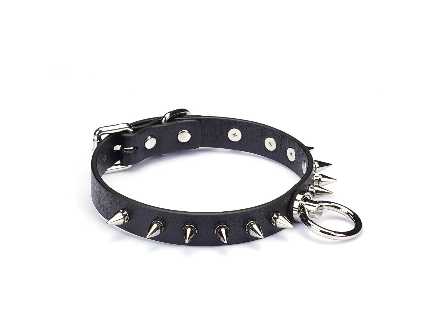 a black spiked choker with ring