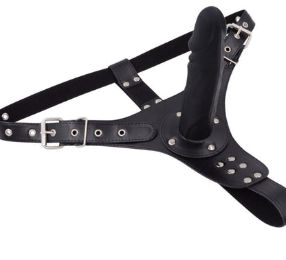 a black Leather Corset Harness with black dildo