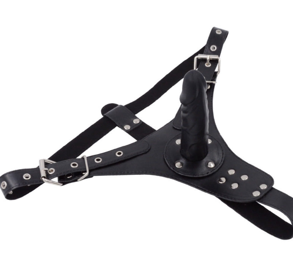 a black Leather Corset Harness with black dildo