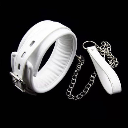 a white leather bondage collar and leash set